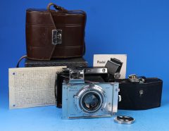D4637 01 PLAUBEL MAKINA II "1937" OB. 10 CM:2,9 PLAUBEL A.G ANTICOMAR + TAPPO + 3 CHASSIS 6X9+MAGAZZINO ROLLFILM PLAUBEL 6X9 +ISTRUZIONI IMBALLO "1937"