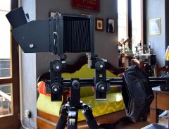 D7653 01 BANCO OTTICO SINAR P2 4"X5" + SOFFIETTO STANDARD + SOFFIETTO GRANDANGOLO + VISORE REFLEX + PROLUNGA DI BANCO 30CM + LENTE DI FRESNEL + 2 CHASSIS FIDELITY + PIASTRA PORTA OTTICHE COPAL 3