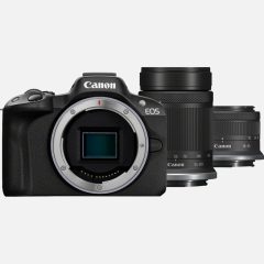 fotocamera mirrorless canon eos r50 nero obiettivi rf s 18 45mm is stm lens obiettivi rf s 55 210mm is stm prodotto vista frontale con due obiettivi Canon EOS R50 + obiettivo RF-S 18-45mm IS STM Lens + obiettivo RF-S 55-210mm IS STM