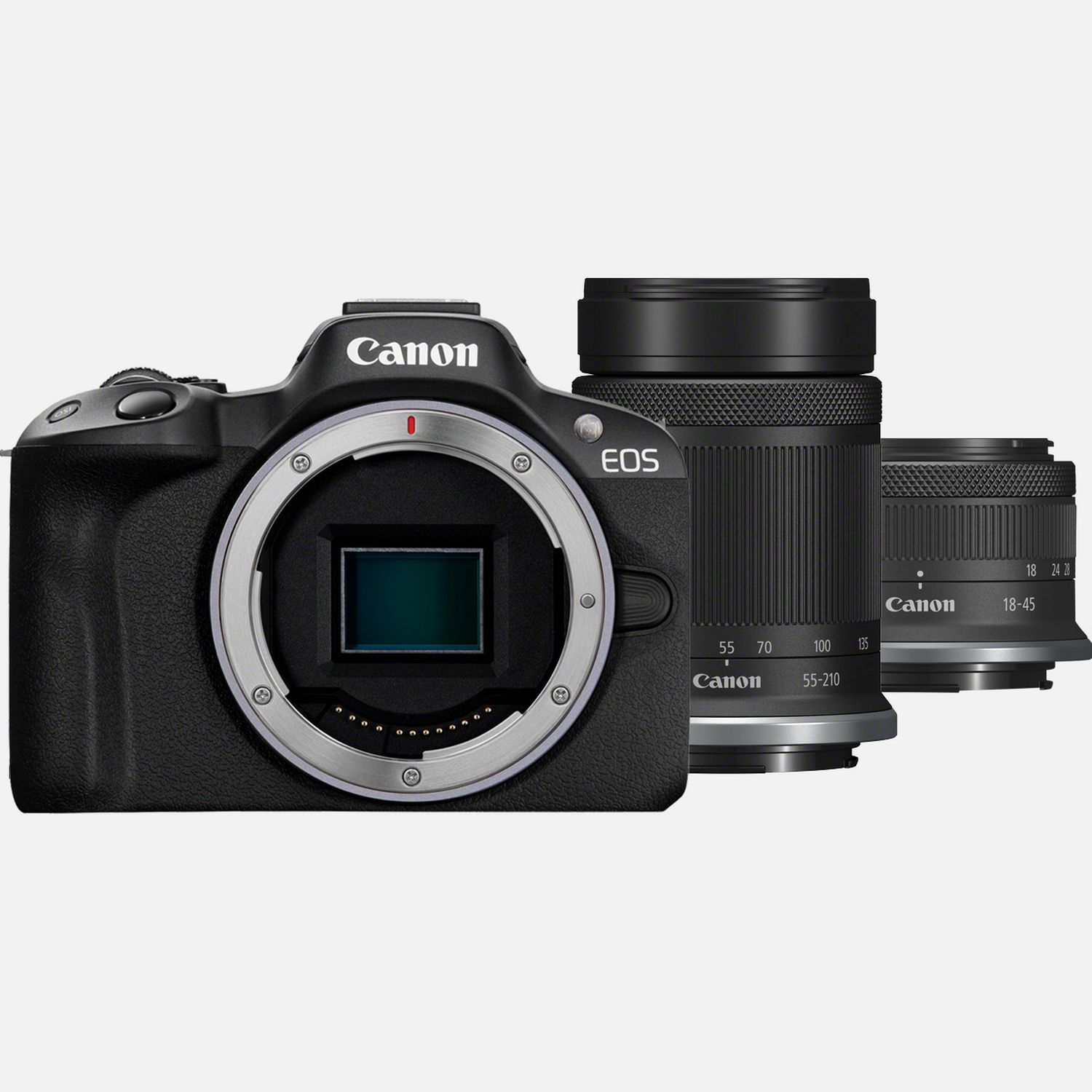 Canon EOS R50 + obiettivo RF-S 18-45mm IS STM Lens + obiettivo RF-S 55-210mm IS STM 1 fotocamera mirrorless canon eos r50 nero obiettivi rf s 18 45mm is stm lens obiettivi rf s 55 210mm is stm prodotto vista frontale con due obiettivi